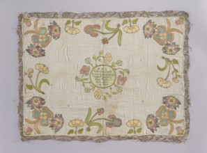 Church napkin vellum? made of white linen batiste embroidered with multicoloured silk threads. In