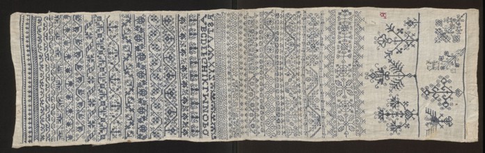Embroidery sampler, Sampler with a cross-stitch pattern with motifs of trails, flower bushes, and
