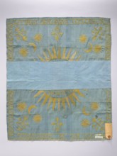 Church napkin. Blue silk rep cloth embroidered with gold thread. In the center, within a radiant