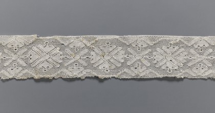 Lace fragment, bobbin lace with rosette ornaments framed by a tendril motif at top and bottom; mesh