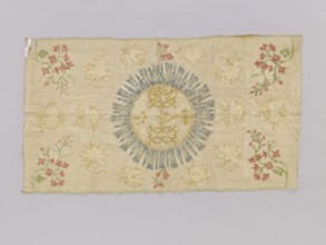 Antependium, antependium. Fragment of church embroidery. On cream silk satin 46 gauge, green