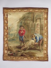 Figural tapestry, floral ornaments, pigs, genre and rural scenes against a landscape background,