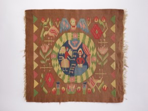 Ornamental-figural tapestry, flowers, floral ornaments, angels, Copernicus, Mary mother of Jesus