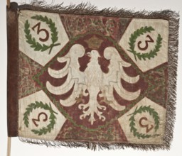 Double-sided scout pennant with painted decoration and inscriptions; vexil featuring a crown motif,