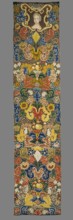 Tapestry embroidered in wool and silk on linen canvas. In the upper part, within a decorative