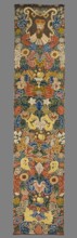 Tapestry embroidered in wool and silk on linen canvas. In the upper part, within a decorative