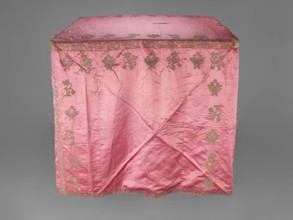 Church cope, gift; liturgical vestment, 17th century, Poland. Made of raspberry satin embroidered
