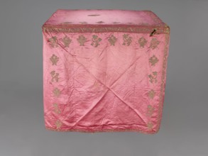 Church cope, liturgical vestment, 17th century, Poland. Made of raspberry satin, embroidered with
