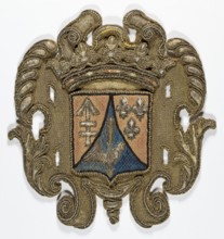 Coat of arms cartouche, embroidery; coat of arms cartouche with a tripartite shield under a crown