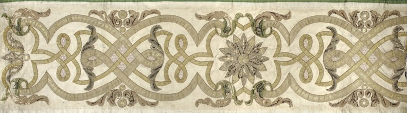 Fragment of a chasuble column, embroidery, rosettes, ribbon-and-pincer ornament. The column from