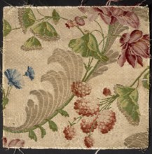 Fabric fragment, silk, 18th century France. Background: cannetillé white; pattern brocaded with