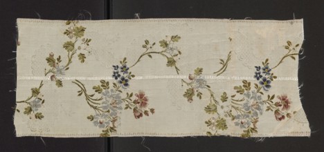 Fragment of silk fabric, patterned brocade, 18th century France. Floral design with dark and light