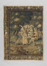 Figural tapestry, flowers, sheep, trees, bagpipes, landscapes, buildings, borders, folk musical