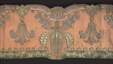 Lambrequin. Fragment of a lambrequin made of crimson silk grosgrain, sewn with fragments of