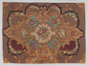 Ornamental tapestry, Cut from a larger piece; in the center, a bouquet of flowers in a medallion