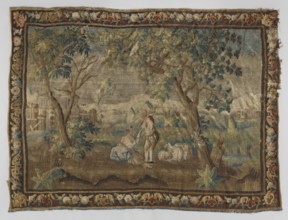 Figural tapestry, flowers, floral ornaments, fruit, trees, pastoral depictions, interior