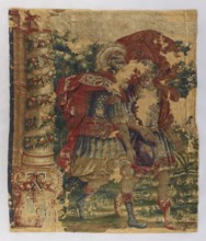 Fragment of a figural tapestry, flowers, leaves, floral ornaments, warriors, armor, fabrics,
