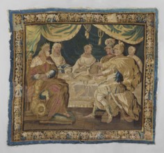 Figural tapestry, provenance, subject: royal feast — around a table under hanging draperies sit a