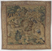 Figural tapestry, provenance unknown. In the foreground at the edge of a forest, among low