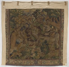 Figural tapestry, Scene: in the foreground at the edge of a forest, among low vegetation, dogs