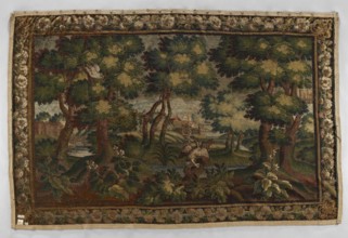 Tapestry — verdure. In the center, on the trunk of a broken tree, a duck sits among clumps of