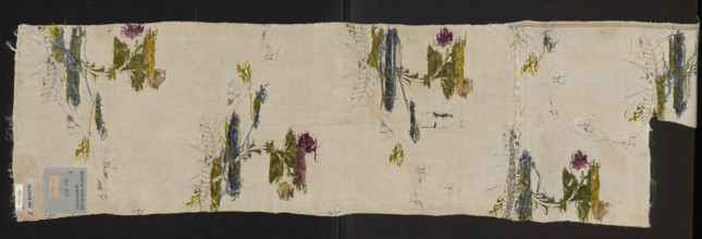 Fabric fragment, silk fabric fragment, patterned silk, 18th century, France. Preservation: