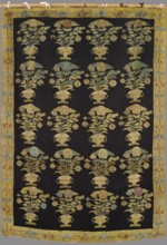 Kilim, Floral bouquet motifs placed in two-handled vases on a base, arranged in five horizontal