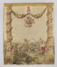 Figural tapestry: Pastoral scene with a shepherd, a shepherdess, and a boy. In the center, a man