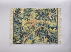 Tapestry chair cover, Repossession provenance. Design: leaves, floral ornaments, trees, birds,
