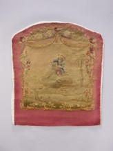 Tapestry covering depicting floral ornaments and boys in pastoral scenes, draperies suspended above