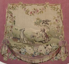 Tapestry armchair seat cover, Wool tapestry with figurative motifs: dogs, birds including a raven,