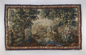 Tapestry-verdure, In the foreground, a river with overgrown banks and two large birds on opposite