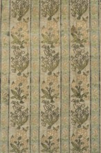 Fabric fragment. Gold-plated silk with a motif of irises and carnations in vertical stripes. Floral