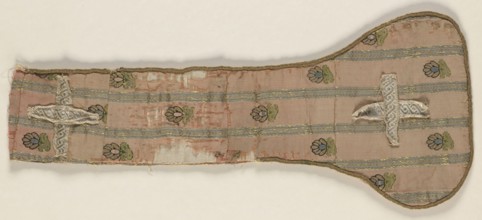 Fragment of a maniple made of crimson silk fabric with a striped and fine-thread motif. Salmon