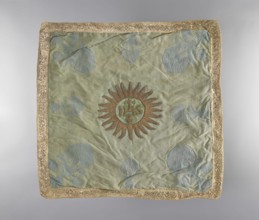 Velum., Velum made of blue silk fabric. In the center is an applied radiant medallion with the IHS