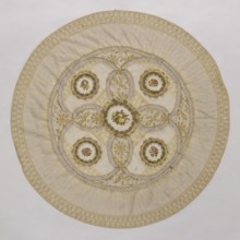 Doily, unknown creator; round doily sewn from two pieces of machine lace, bobbin lace, and fabric