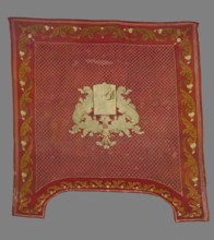 Saddle pad — kilim in a near-square form with slightly elongated upper corners. Main field:
