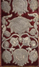 Fragment of embroidered fabric, embroidery, coats of arms, Poland culture, flowers, Jastrzebiec