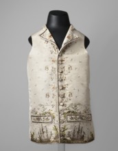 Vest, ships, seascapes, shells, plant ornaments, fashion, men's clothing. Vest made of cream silk