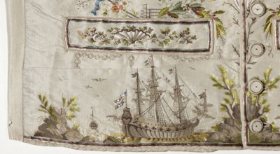 Vest, repossession provenance; subject motifs: ships, seascapes, shells, plant ornaments. Fashion: