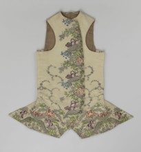 Vest, floral and plant ornaments, patterned fabrics. Predominant ornamental colors: silver, plum,