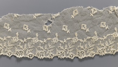 Lace fragment, lace, plant ornaments, tulle embroidered with twig and floral motifs around the