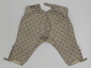 Short, knee-length men's trousers 1750–1775, Silesia. Sewn into a wide belt with a buttoned fly,