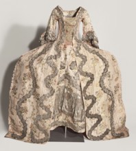 Robe à la française robe à paniers à coudes, two-piece, ca. 1764. Pink grosgrain with swirling