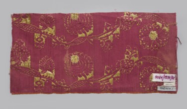 Fabric fragment, fragments of silk patterned fabric with plant motifs, indigo and Brazilwood dyes.