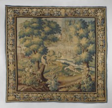 Tapestry-verdure, In the foreground, three flowering shrubs; behind them two birds, one perched on