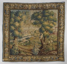 Tapestry-verdure, In the foreground, three flowering shrubs; behind them two birds, one perched on