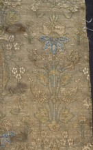 Fabric fragment, silk, fragments of patterned floral/plant motifs. Stylized plant motifs on a