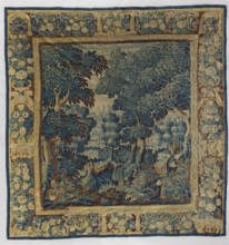Tapestry-verdure, In the foreground are large trees and blooming shrubs and flowers; further on a