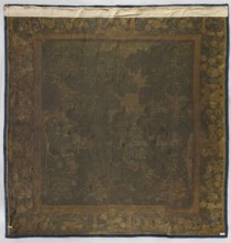 Tapestry-verdure, In the foreground are large trees and blooming shrubs and flowers; further on a